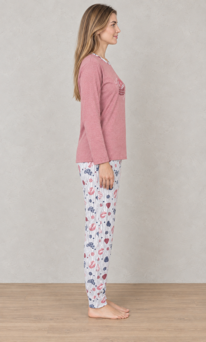 Pijama Dama din Bumbac, 2 Piese, Bluza Roz cu Maneca Lunga si Pantaloni cu Imprimeu 1204 [6]