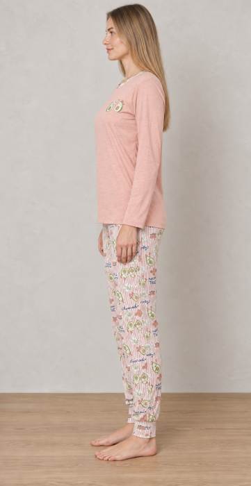 Pijama Dama din Bumbac, 2 Piese, Bluza Roz Pudra cu Maneca Lunga si Pantaloni Lungi1206 [7]