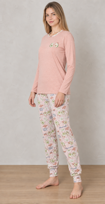 Pijama Dama din Bumbac, 2 Piese, Bluza Roz Pudra cu Maneca Lunga si Pantaloni Lungi1206 [3]