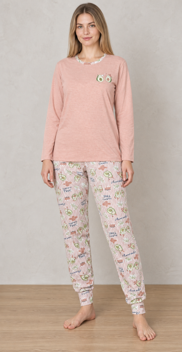 Pijama Dama din Bumbac, 2 Piese, Bluza Roz Pudra cu Maneca Lunga si Pantaloni Lungi1206 [2]