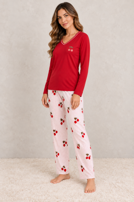 Pijama dama din bumbac rosie cu pantaloni roz imprimeu cirese [4]