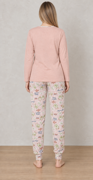 Pijama Dama din Bumbac, 2 Piese, Bluza Roz Pudra cu Maneca Lunga si Pantaloni Lungi1206 [8]