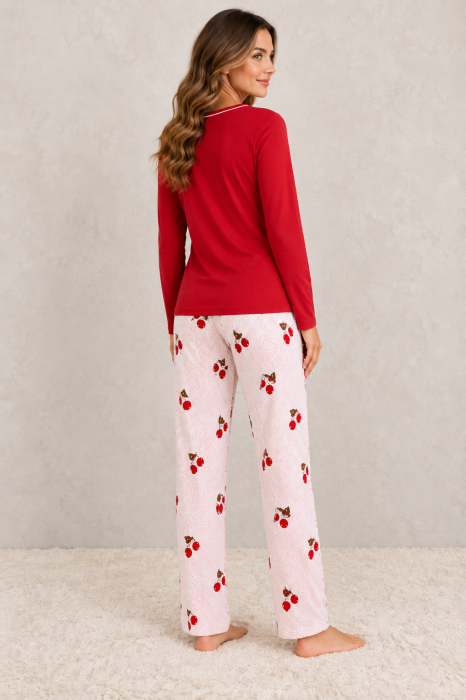 Pijama dama din bumbac rosie cu pantaloni roz imprimeu cirese [2]