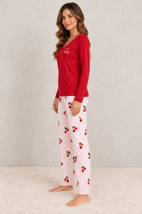 Pijama dama din bumbac rosie cu pantaloni roz imprimeu cirese [3]