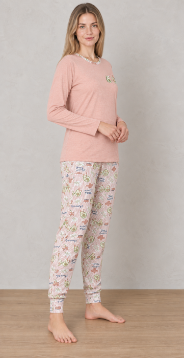 Pijama Dama din Bumbac, 2 Piese, Bluza Roz Pudra cu Maneca Lunga si Pantaloni Lungi1206 [4]