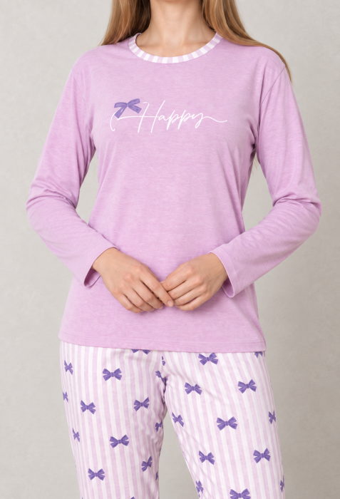 Pijama Dama din Bumbac, 2 Piese, Bluza Lila cu Maneca Lunga Happy si Pantaloni Lungi cu Dungi si Fundite [5]