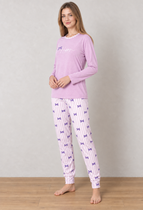 Pijama Dama din Bumbac, 2 Piese, Bluza Lila cu Maneca Lunga Happy si Pantaloni Lungi cu Dungi si Fundite [3]