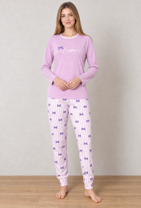 Pijama Dama din Bumbac, 2 Piese, Bluza Lila cu Maneca Lunga Happy si Pantaloni Lungi cu Dungi si Fundite [2]