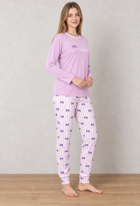 Pijama Dama din Bumbac, 2 Piese, Bluza Lila cu Maneca Lunga Happy si Pantaloni Lungi cu Dungi si Fundite [4]