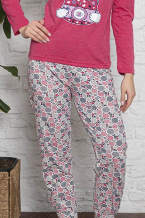 Pijama dama din bumbac, confortabila, maneci lungi, Pisicuta, rosu [2]