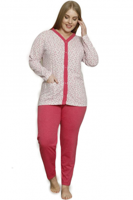 Pijama dama bumbac, batal-marime mare, buzunare laterale, inchidere nasturi, alb/rosu [4]