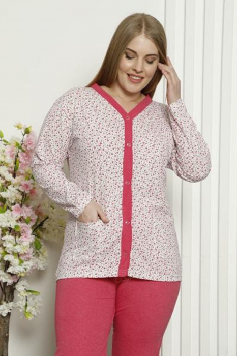 Pijama dama bumbac, batal-marime mare, buzunare laterale, inchidere nasturi, alb/rosu [3]