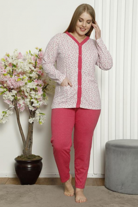 Pijama dama bumbac, batal-marime mare, buzunare laterale, inchidere nasturi, alb/rosu [1]