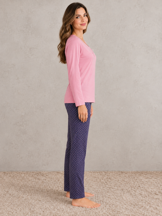 Pijama dama din bumbac cu bluza roz si pantaloni bleumarin cu buline [3]