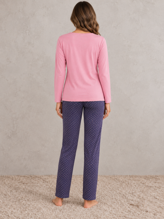 Pijama dama din bumbac cu bluza roz si pantaloni bleumarin cu buline [2]