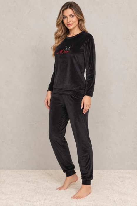 Pijama dama din catifea neagra Meow, bluza cu maneca lunga si pantaloni lungi [3]
