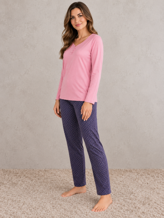Pijama dama din bumbac cu bluza roz si pantaloni bleumarin cu buline [4]