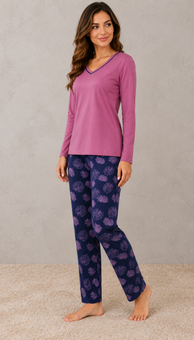Pijama dama din bumbac cu bluza roz si pantaloni bleumarin cu imprimeu floral [3]