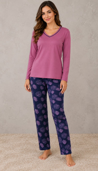 Pijama dama din bumbac cu bluza roz si pantaloni bleumarin cu imprimeu floral [7]