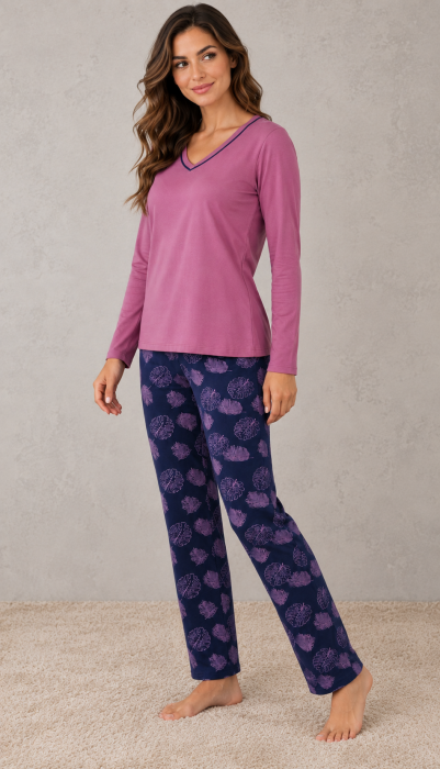 Pijama dama din bumbac cu bluza roz si pantaloni bleumarin cu imprimeu floral [5]