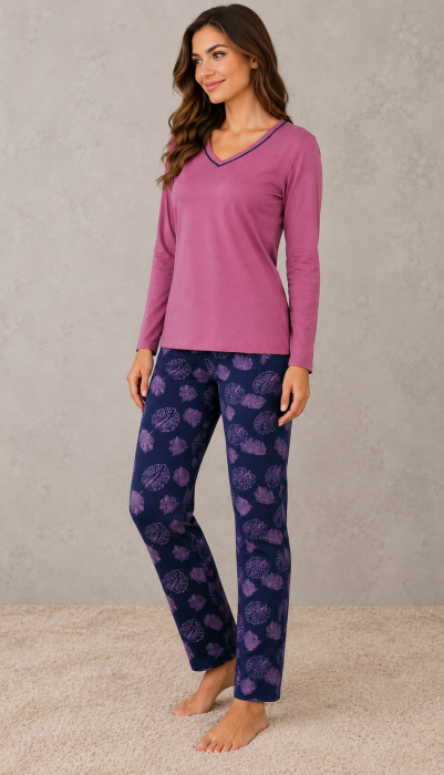 Pijama dama din bumbac cu bluza roz si pantaloni bleumarin cu imprimeu floral [4]