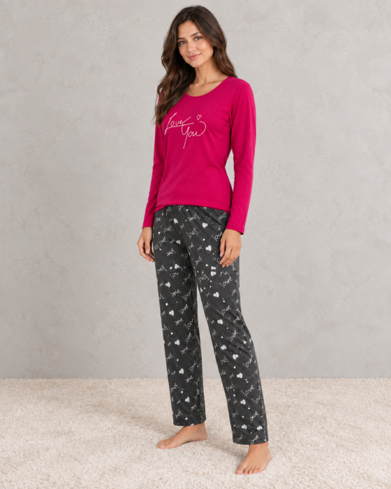 Pijama dama din bumbac cu maneca lunga, bluza fucsia Love You si pantaloni gri cu imprimeu [4]