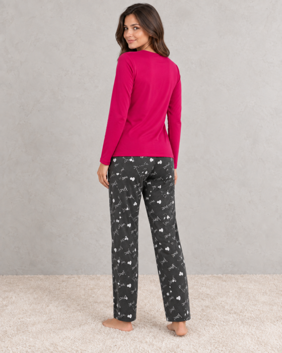 Pijama dama din bumbac cu maneca lunga, bluza fucsia Love You si pantaloni gri cu imprimeu [2]
