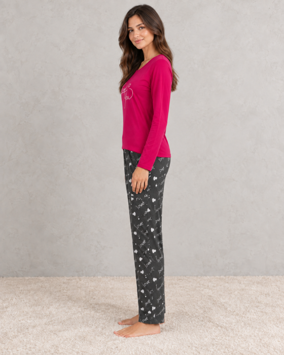 Pijama dama din bumbac cu maneca lunga, bluza fucsia Love You si pantaloni gri cu imprimeu [3]