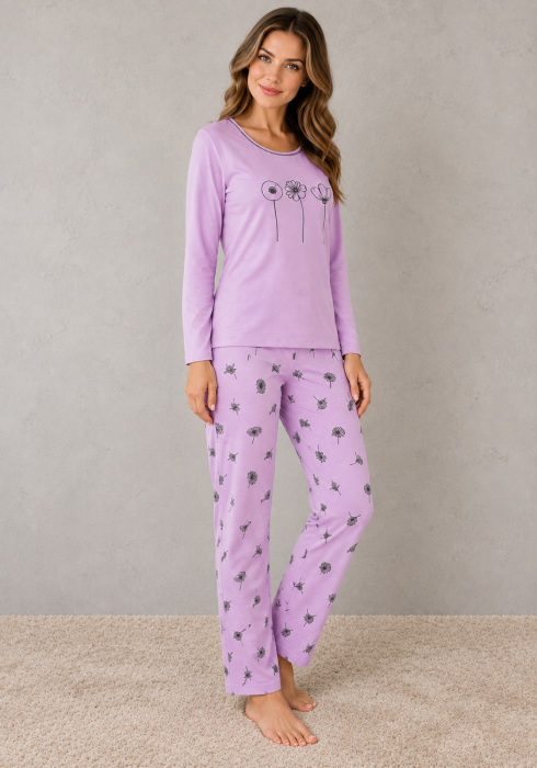 Pijama dama din bumbac lila cu imprimeu floral, bluza cu maneca lunga si pantaloni lungi [4]