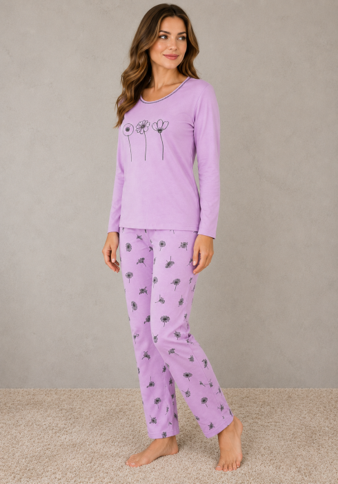 Pijama dama din bumbac lila cu imprimeu floral, bluza cu maneca lunga si pantaloni lungi [2]
