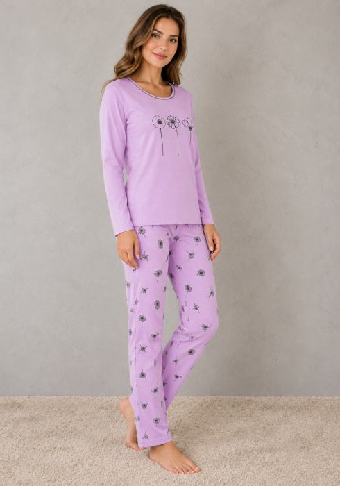 Pijama dama din bumbac lila cu imprimeu floral, bluza cu maneca lunga si pantaloni lungi [3]