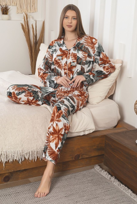 Pijama Dama Lux Eleganta din Doua Piese, Imprimeu Tropical , Inchidere cu Nasturi [2]