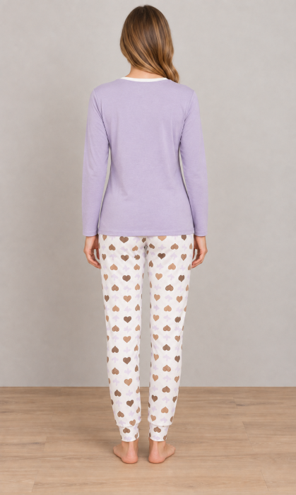 Pijama Dama din Bumbac, 2 Piese, Bluza Lila cu Maneca Lunga si Pantaloni cu Inimioare 1208 [5]