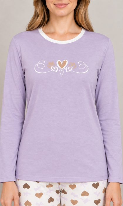 Pijama Dama din Bumbac, 2 Piese, Bluza Lila cu Maneca Lunga si Pantaloni cu Inimioare 1208 [3]
