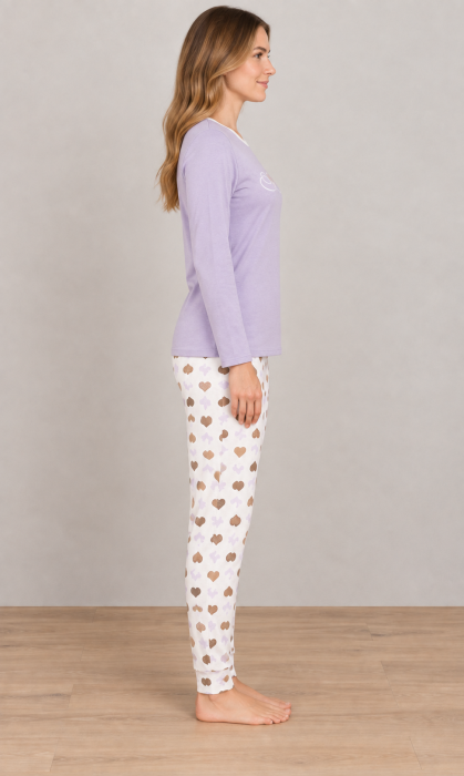 Pijama Dama din Bumbac, 2 Piese, Bluza Lila cu Maneca Lunga si Pantaloni cu Inimioare 1208 [4]