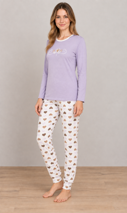 Pijama Dama din Bumbac, 2 Piese, Bluza Lila cu Maneca Lunga si Pantaloni cu Inimioare 1208 [2]