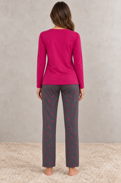 Pijama dama din bumbac cu bluza fucsia si pantaloni cu inimioare [2]
