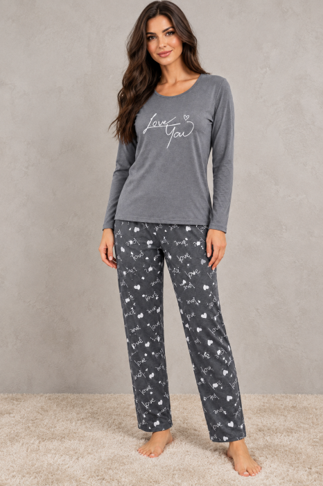 Pijama dama din bumbac gri cu bluza maneca lunga si pantaloni imprimeu Love You [4]