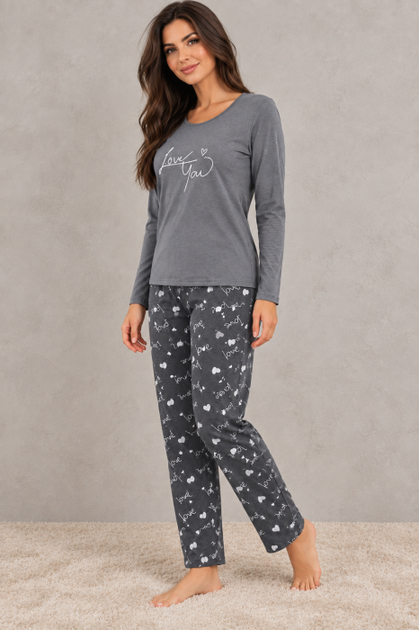 Pijama dama din bumbac gri cu bluza maneca lunga si pantaloni imprimeu Love You [3]