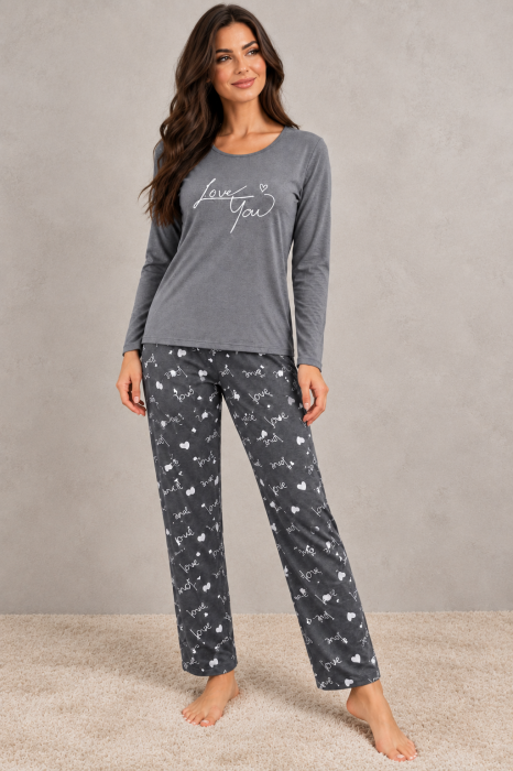 Pijama dama din bumbac gri cu bluza maneca lunga si pantaloni imprimeu Love You [2]