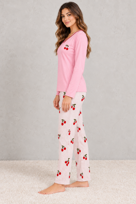 Pijama dama din bumbac roz cu imprimeu cirese, bluza cu maneca lunga si pantaloni lungi [4]
