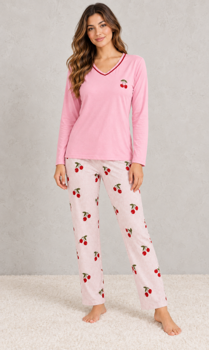 Pijama dama din bumbac roz cu imprimeu cirese, bluza cu maneca lunga si pantaloni lungi [3]