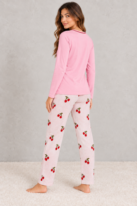Pijama dama din bumbac roz cu imprimeu cirese, bluza cu maneca lunga si pantaloni lungi [2]