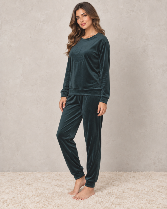 Pijama dama din catifea verde , bluza cu maneca lunga si pantaloni lungi, model pisica [2]