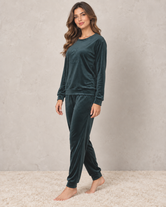 Pijama dama din catifea verde , bluza cu maneca lunga si pantaloni lungi, model pisica [3]