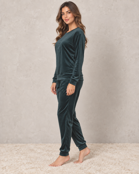 Pijama dama din catifea verde , bluza cu maneca lunga si pantaloni lungi, model pisica [4]