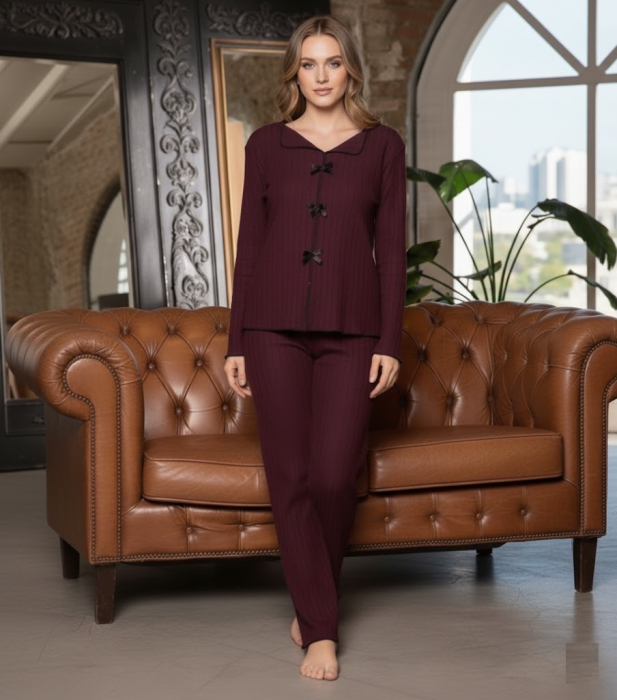 Pijama Dama Eleganta din Tricot Reiat bleumarin visiniu 8230 [1]