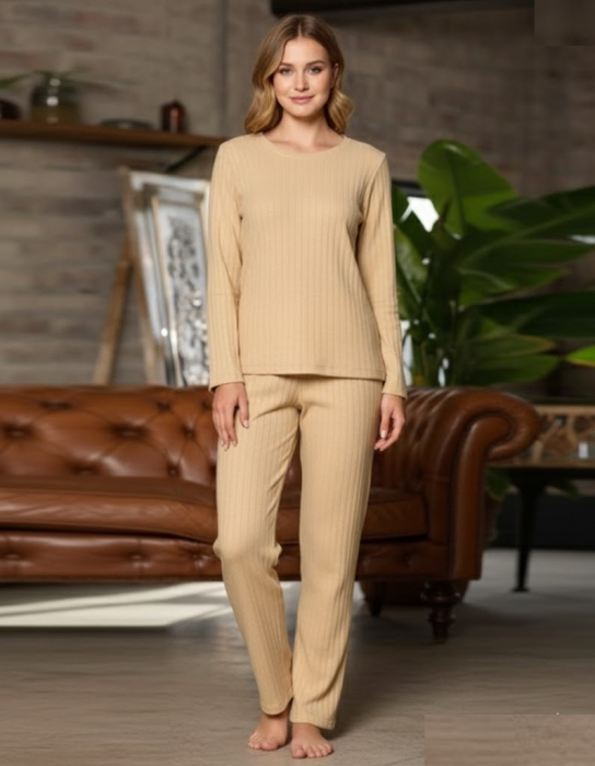 Pijama Dama Eleganta din Tricot Reiat bej 8242 [1]