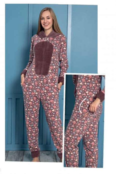 Pijama dama intreaga, tip salopeta kigurumi, pufoasa, inchidere fermoar fata-spate si gluga [4]