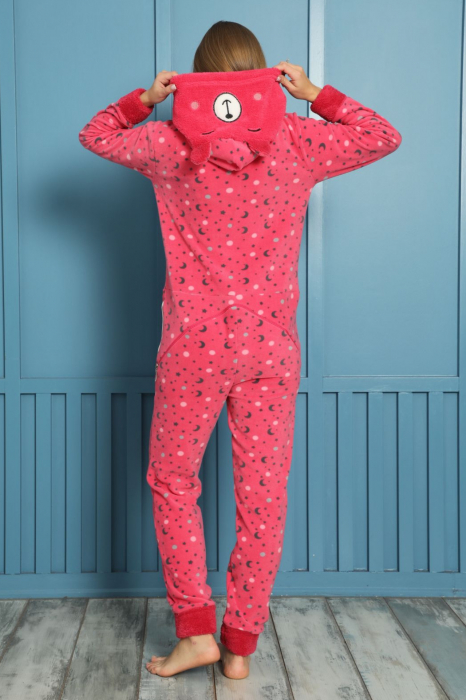 Pijama dama intreaga, tip salopeta kigurumi, pufoasa, inchidere fermoar fata-spate si gluga [4]